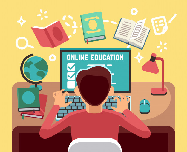 Niño de escuela niño estudiando delante de la computadora vector gratuito